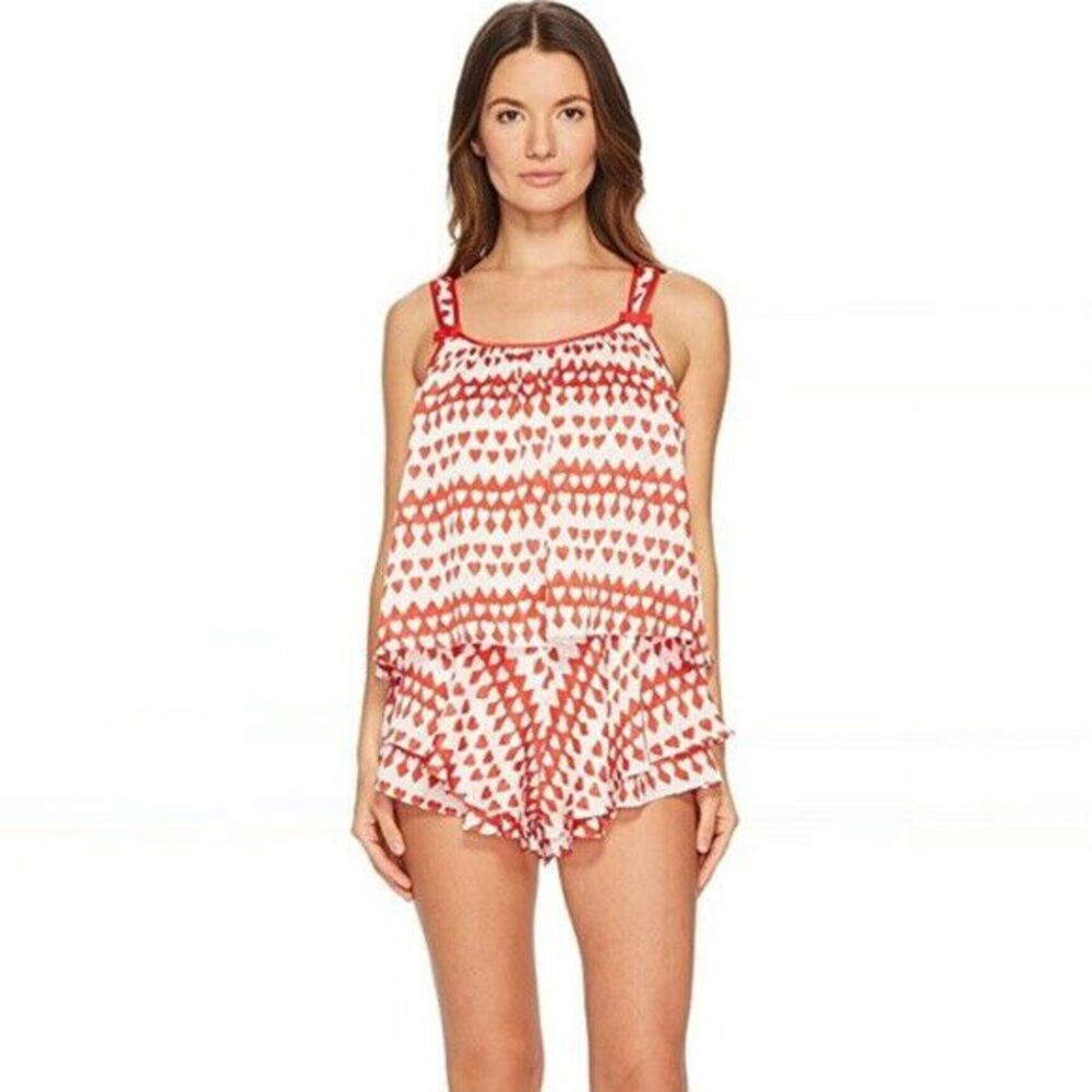 Kate Spade New York Womens Small Red Hearts Crinkle Chiffon Sleep Shorts Romper